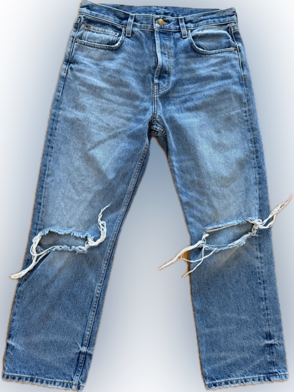 B Sides Blue Jeans Straight Leg Distressed Knee Vintage Wash Women’s 30 Button